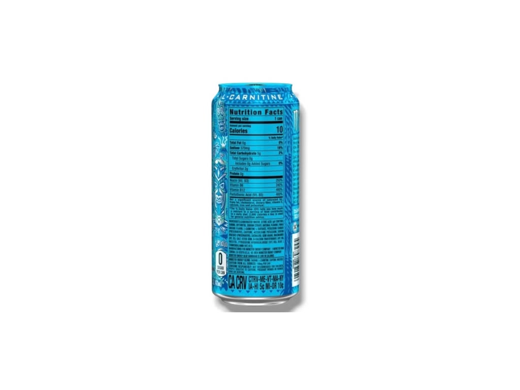 Monster Ultra Blue Hawaiian USA 473 ml Dose Rückseite mit Zutaten und Nährwerten