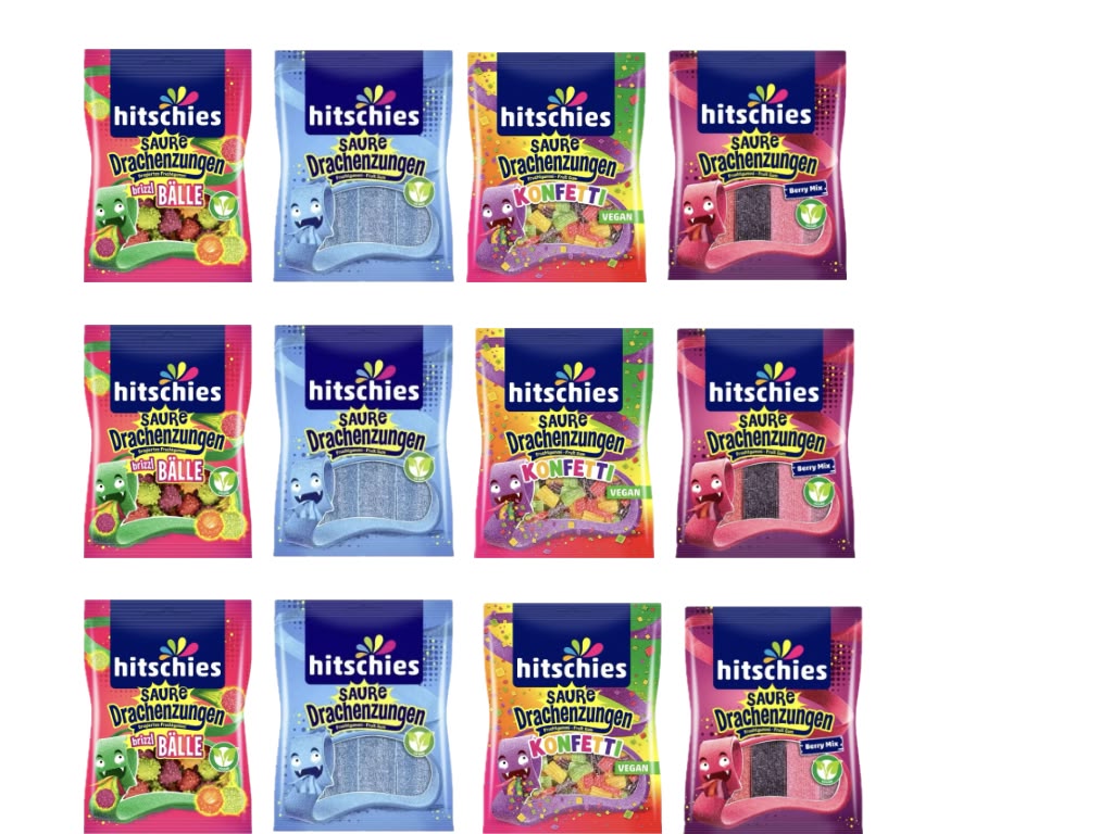 KIG Box Hitschies Drachenzungen Mix 12 Beutel Gesamtansicht