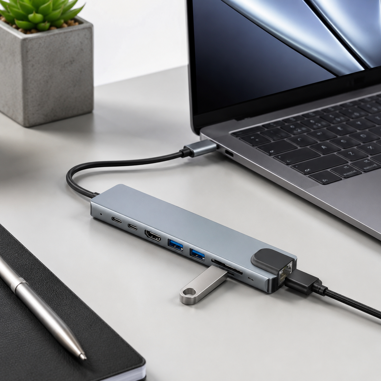 USB-C Hub 8-in-1 Adapter 4K HDMI USB 3.0 LAN SD Kartenleser
