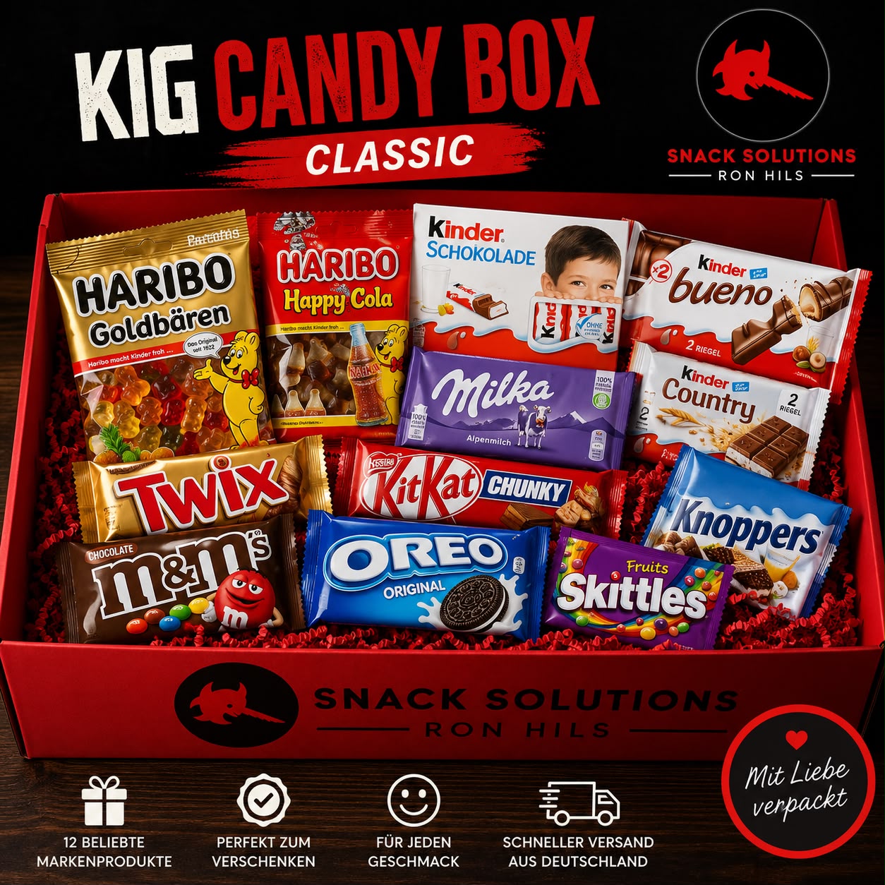 KIG Candy Box XXL mit 12 beliebten Marken-Süßigkeiten wie Haribo, Kinder, Milka, Oreo, Twix, M&M's, Skittles und Knoppers in hochwertiger roter Geschenkbox von Snack Solutions Ron Hils.