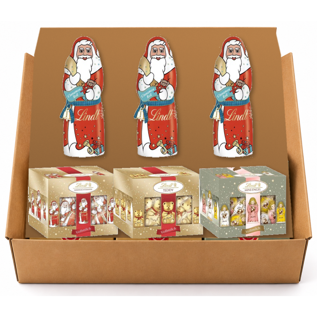 KIG Lindt Weihnachtsbox mit 3 Santa Cinnamon Weihnachtsmännern und 3 Lindt Mini-Figuren Packungen im Karton