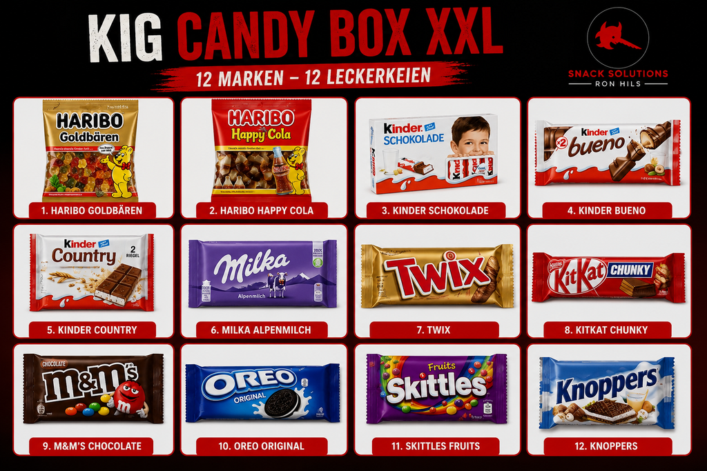 Candy Box XXL mit 12 beliebten Marken-Süßigkeiten wie Haribo, Kinder, Milka, Oreo, Twix, M&M's, Skittles und Knoppers in hochwertiger roter Geschenkbox von Snack Solutions