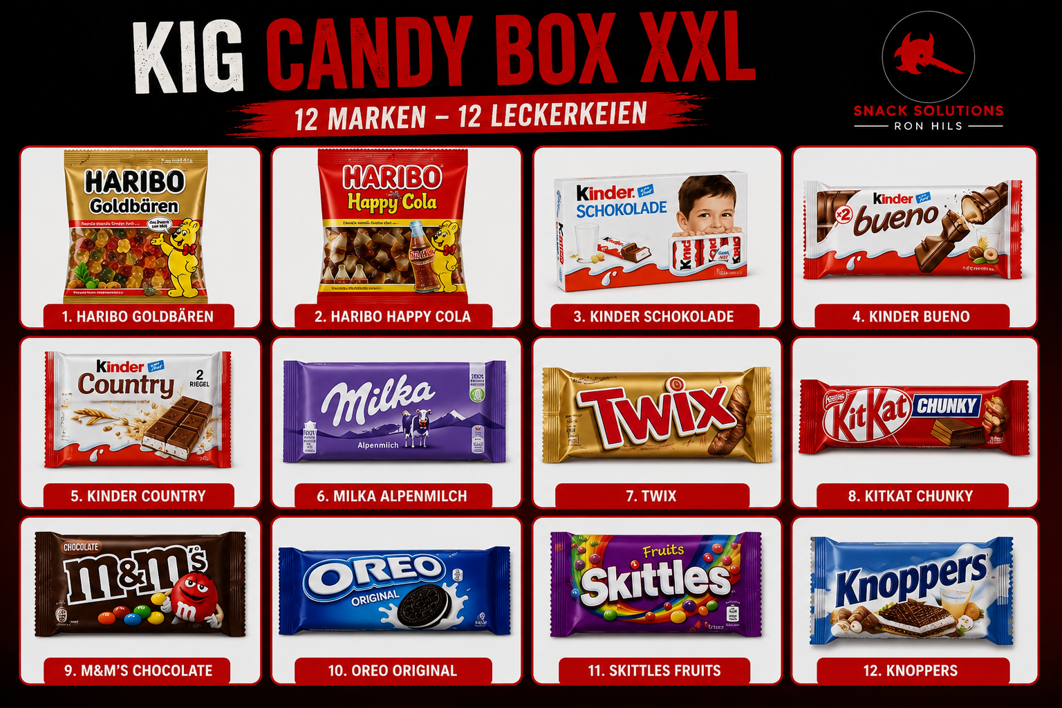 Candy Box XXL mit 12 beliebten Marken-Süßigkeiten wie Haribo, Kinder, Milka, Oreo, Twix, M&M's, Skittles und Knoppers in hochwertiger roter Geschenkbox von Snack Solutions