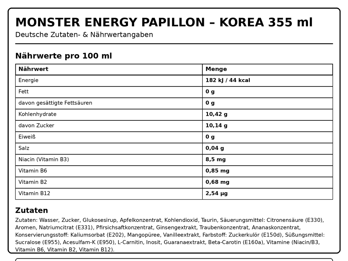 Monster Energy Papillon Peach Nectarine Korea 355 ml Dose Rückseite mit Zutaten und Nährwerten